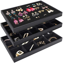 Load image into Gallery viewer, Mebbay Stackable Velvet Jewelry Trays Organizer, Jewelry Storage Display Trays with Full Artificial Leather Cover for Drawer, Earring Necklace Bracelet Ring Organizer, Set of 3 (Black)
