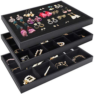 Mebbay Stackable Velvet Jewelry Trays Organizer, Jewelry Storage Display Trays with Full Artificial Leather Cover for Drawer, Earring Necklace Bracelet Ring Organizer, Set of 3 (Black)