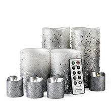 Load image into Gallery viewer, FURORA LIGHTING LED Flameless Candles with Remote – Battery-Operated Flameless Candles Bulk Set of 8 Fake Candles – Small Flameless Candles &amp; Christmas Centerpieces for Tables, Silver Glittery
