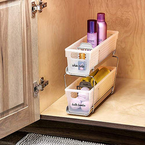 madesmart 2-Tier Organizer Bath Collection Slide-out Baskets with Handles, Space Saving, Multi-purpose Storage & BPA-Free, Mini, Frost-With Dividers