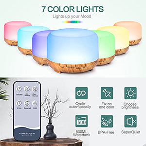 Diffuser with Essential Oils Included, 500ml Aromatherapy Diffuser with Oils Set 6x10mL, Aroma Diffuser with Oils Included Remote Control 14 Led Lights 4 Timers for Office Room Bedroom