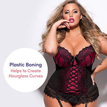 Load image into Gallery viewer, Lovehoney Boudoir Belle Cherry Satin Push Up Basque Styled Corset Lingerie For Women - Sexy Black Bustier Top with G String &amp; Garter Straps - Plus Size Bustier: 18-20
