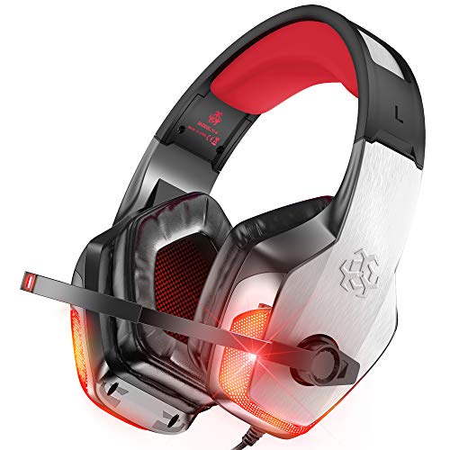 BENGOO V-4 Gaming Headset for Xbox One, PS4, PC, Controller, Noise Cancelling Over Ear Headphones Mic, LED Light Bass Surround Soft Memory Earmuffs for Computer Laptop Mac Nintendo Switch -Red