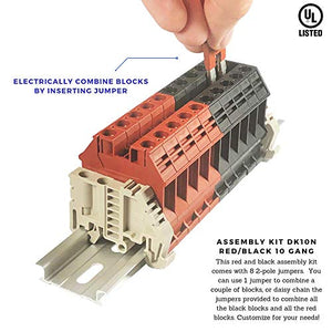 Dinkle Assembly Kit DK10N Red/Black 10 Gang with Jumpers DIN Rail Terminal Blocks, 6-20 AWG, 60 Amp, 600 Volt