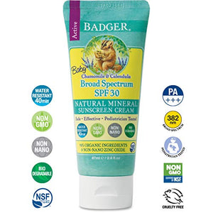 Badger - SPF 30 Baby Sunscreen Cream with Zinc Oxide, 2.9 fl oz & SPF 35 Clear Zinc Sport Sunscreen Stick, Unscented, 0.65 oz
