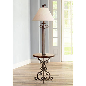 Traditional Floor Lamp with Table Iron Rust Scroll Wooden Off White Flared Bell Shade for Living Room Reading - Franklin Iron Works