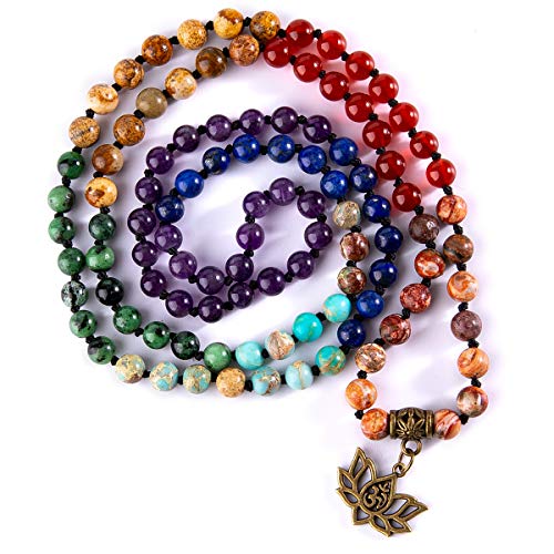Bivei 7 Chakra 108 Mala Beads Bracelet Real Healing Gemstone Yoga Meditation Hand Knotted Mala Prayer Bead Necklace(Lotus OM-6mm Beads)