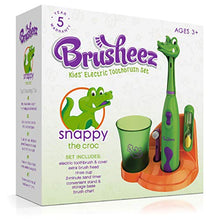 Load image into Gallery viewer, Brusheez Kid's Electric Toothbrush (Safari Edition) Set - Soft Bristles, Easy-Press Power Button, 2 Brush Heads, Cute Animal Cover, Sand Timer, Rinse Cup &amp; Storage Base - Snappy The Croc
