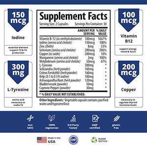 Thyroid Support Supplement with Iodine - Energy & Focus Formula - Vegetarian & Non-GMO - Vitamin B12 Complex, Zinc, Selenium, Ashwagandha, Copper, Coleus Forskohlii, & More 30 Day Supply