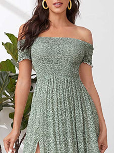 Floerns Women's Boho Floral Print Off Shoulder Split Long A Line Dress Brown XS