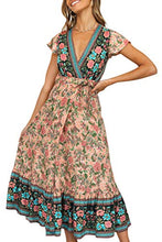 Load image into Gallery viewer, ZESICA Women's Bohemian Floral Printed Wrap V Neck Short Sleeve Split Beach Party Maxi Dress Nude
