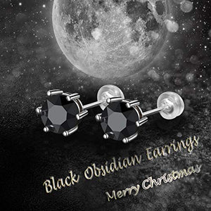 Sunnyshopday 18ct White Gold Plated on Sterling Silver Base Black Obsidian,Earring Stud with Gift Box,Men Women