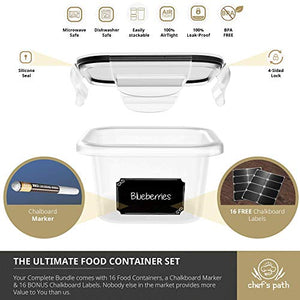Food Storage Containers Set - Airtight Plastic Containers with Easy Snap Lids (16 Pack) - Leak Proof Kitchen & Pantry Organization - BPA-Free - 16 Chalkboard Labels & Marker - Chef’s Path