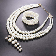 Load image into Gallery viewer, FINREZIO Women's Faux Three Multi-Strand Pearl Necklace Long Pearl Dangle Earrings and Bracelet Jewelry Set for Women
