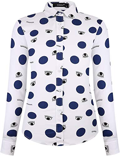 SPAREE Women's Tops Casual Blouses Long Sleeve Work Button Up Dress Shirts, (Small, Big Polka Dot Navy Blue)