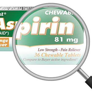 HealthA2Z Aspirin 81mg Chewable | Low Strength | 3 Packs of 36 Chewable Tablets (108 Tablets Total) | Orange Flavor | Pain Reliever | Reduce Headaches & Pains