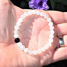 Load image into Gallery viewer, CHARGED Distance Bracelet - Premium 7" Rainbow Moonstone &amp; Black Tourmaline Crystal 8mm Bead Bracelets Tumble Polished Stretchy + Selenite Charging Heart Included (HEALING ENERGY / PSYCHIC PROTECTION)
