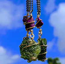 Load image into Gallery viewer, MOLDAVITE &amp; SUGILITE Pendant in Real Gold! 12 Kt Genuine Crystal 19" Necklace. Synergy 12 Tektite Metaphysical Jewelry Meteorite Wire Wrap Stone
