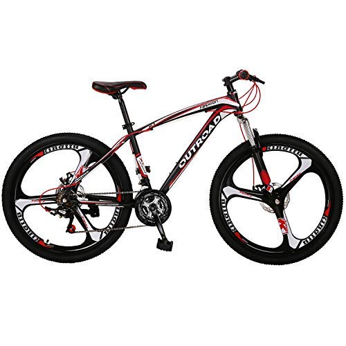 PanAme Mountain Bike 26 Inches Outroad 21 Speed Suspension Fork Anti-Slip Bicycle with Dual Disc Brake and High Carbon Steel Frame for Men and Women, Red