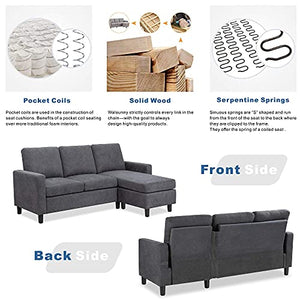 JY QAQA Convertible Sectional Sofa Couch with 3-Seat Sofa, L-Shaped Ottoman Couch with Modern Linen Fabric for Small Living Room, Apartment and Small Space (Dark Grey)