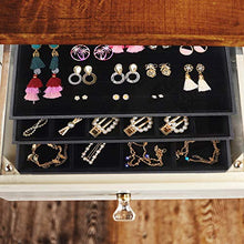 Load image into Gallery viewer, Mebbay Stackable Velvet Jewelry Trays Organizer, Jewelry Storage Display Trays with Full Artificial Leather Cover for Drawer, Earring Necklace Bracelet Ring Organizer, Set of 3 (Black)
