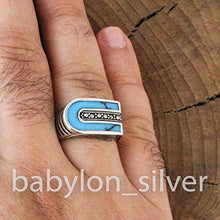 Load image into Gallery viewer, Solid 925 Sterling Silver Turkish Handmade Marcasite &amp; Simulated Turquoise Luxury Men's Ring (8)
