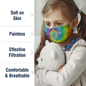 WeCare Individually Wrapped Kids Face Masks - 50 Pack - Soft on Skin - Disposable, 3 Ply - 5.7" x 3.7" Children's Size - 3 Layer Protectors with Elastic Earloops - Latex Free - Tie Dye