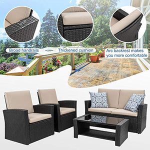 Shintenchi 4 Piece Outdoor Patio Furniture Sets, Wicker Rattan Sectional Sofa Couch with Glass Coffee Table for Backyard, Porch, Garden and Poolside Outdoor Patio Conversation Sets, Black
