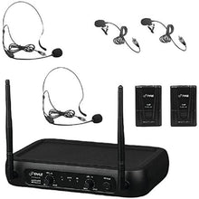 Load image into Gallery viewer, Pyle Dual Channel Wireless Microphone System - VHF Fixed Dual Frequency Wireless Mic Receiver Set with 2 Lavalier, 2 Headset Mics, 2 Transmitter, Receiver - For PA, Karaoke, Dj Party - Pyle PDWM2145
