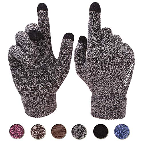 Achiou Winter Warm Touchscreen Gloves for Women Men Knit Wool Lined Texting (Black with White)