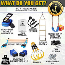 Load image into Gallery viewer, Sportivikids Ninja Warrior Obstacle Course for Kids Outside with Swing Set - 50' Ninja Slackline Hanging Activities Accessories, Monkey Bars &amp; Ladder for Girls &amp; Boys for Backyard - Outdoor Playsets
