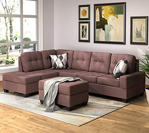 Sectional Sofa Sets with Chaise Lounge and Ottoman Storage 3-Seat Sofa Couch for Living Room Furniture (Red Brown)