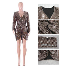Load image into Gallery viewer, Women's Sequins Glitter Bodycon Dress - Sexy Deep V Neck Long Sleeve Party Mini Dress Clubwear Large Golden

