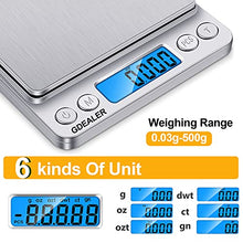 Load image into Gallery viewer, GDEALER Food Scale, 0.001oz/0.01g Precise Digital Kitchen Scale Gram Scales Weight Food Coffee Scale Digital Scales for Cooking Baking Stainless Steel Back-lit LCD Display Pocket Small Scale, Silver
