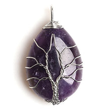 Load image into Gallery viewer, HongJinTian Natural Amethyst Wire Wrapped Tree of Life Gemstone Teardrop Pendant Necklace Healing Crystal Chakra Jewelry for Gifts
