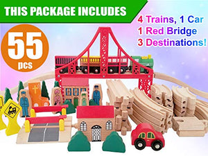 Wooden Train Tracks Full Set, Deluxe 55 Pcs with 3 Destination Fits Thomas, Brio, IKEA, Chuggington, Imaginarium, Melissa and Doug - Best Gifts for Kids Toddler Boys and Girls