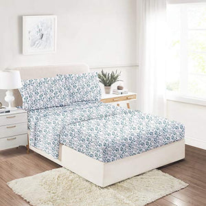 Softan King Bed Sheet Set, 4 PC Green Leaves Printed Brushed Microfiber Elegant Bedding Set, 1 Flat Sheet,1 Deep Pocket Fitted Sheet, and 2 Pillow Cases, Breathable & Silky Soft Feeling Sheets