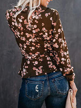 Load image into Gallery viewer, Womens Floral Chiffon Tops V Neck Bell Long Sleeve Shirts Ruffle Wrap Tie Waist Knot Blouses Brown
