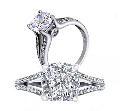 101 Facets 2 Carats Realistic Princess Cushion Cut NSCD Simulated Diamond Solitaire Split Shank Ring 925 Silver Platinum Plated RSPLIT50