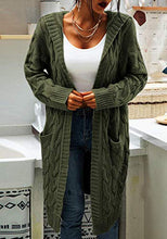 Load image into Gallery viewer, Women Hooded Open Front Cardigan Cable Knit Sweaters Solid Color Chunky Long Sweater Coats Wine Red
