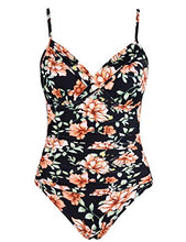 Load image into Gallery viewer, Hilor Women's One Piece Swimsuits Front Twist Swimwear V Neck Shirred Bathing Suit Monokini Black Floral 10
