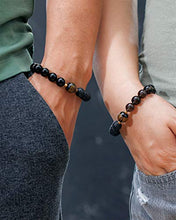Load image into Gallery viewer, Lightock Lava Rock Couples Bracelets Feng Shui Black Obsidian Wealth Essential Oil Diffuse for Women Men Stretch Attract Good Luck and Wealth(2pcs)

