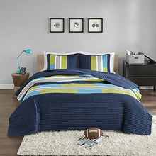 Load image into Gallery viewer, Comfort Spaces 3 Piece Quilt Coverlet Bedspread All Season Lightweight Hypoallergenic Pipeline Colorblock Kids Bedding Set, Full/Queen, Pierre Navy/Blue Stripe
