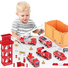 Load image into Gallery viewer, iPlay, iLearn Kids Fire Trucks Toy, Boys Firefighter Play Vehicles, Fire Station Set, Ladder Truck, Toddlers Emergency Rescue Firetruck, Fireman Toys, Birthday Gifts for Age 3 4 5 Year Old Children
