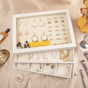 Mebbay Stackable White Jewelry Trays Organizer Set with Clear Lid Jewelry Storage Display Trays for Drawer, Earring Necklace Bracelet Ring Organizer, Set of 4
