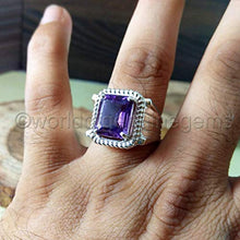 Load image into Gallery viewer, Amethyst Silver Men Ring, Solid 925K Sterling Silver, Faceted Square, Natural, Handmade Jewelry, Rope Design, Four Prong Design, Men&#39;s Amethyst Ring, Gift For Him, Good Friday Gift, Size 4-13
