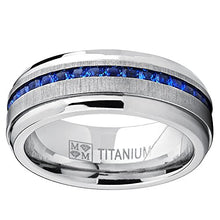 Load image into Gallery viewer, Metal Masters Co. Men's Titanium Wedding Band Engagement Ring W/Blue Simulated Sapphire Cubic Zirconia Princess CZ 10.5
