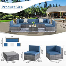 Load image into Gallery viewer, SUNLEI 7pcs Patio Outdoor Furniture Sets Conversation Set,Low Back All-Weather Rattan Sectional Sofa with Tea Table&amp;Washable Couch Cushions(Silver Rattan)（Aegean Blue）
