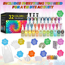 Load image into Gallery viewer, DIY Tie Dye Kits, Emooqi 32 Colours All-in-1 Tie Dye Set contain 32 Bag Pigments, Rubber Bands, Gloves, sealed bag，Apron and Table Covers for Craft Arts Fabric Textile Party DIY Handmade Project
