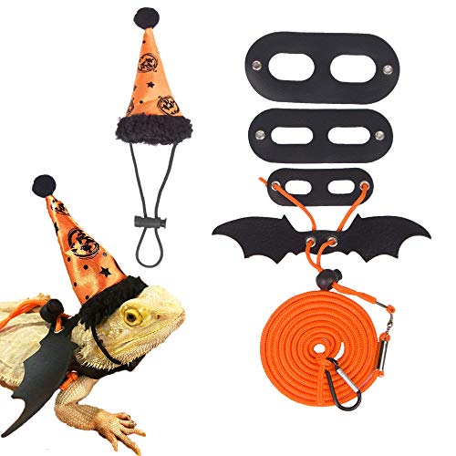 Halloween Bearded Dragon Lizard Leash Harness Hat, Bearded Dragon Lizard Halloween Clothe Pumpkin Hat and 3 Pack Lizard Harness Leash for Lizard Reptile Halloween,Holiday,Party,Photos